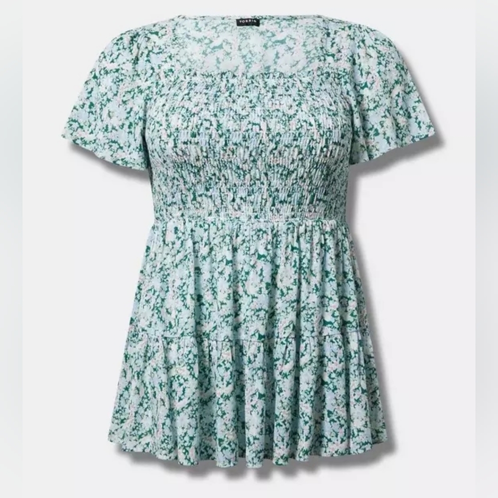 Torrid Babydoll Washable Gauze Smocked Tiered Top, Size 2, Pastel Botanical